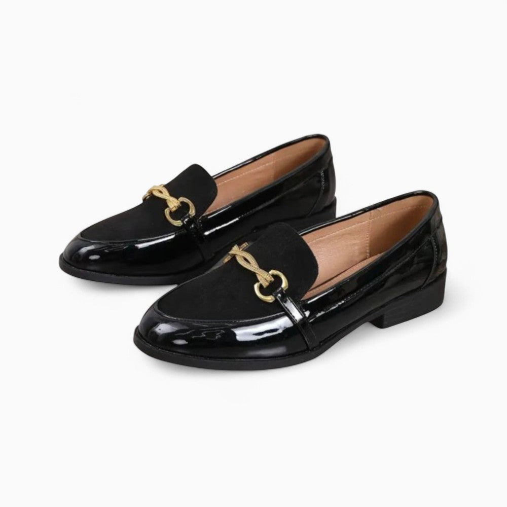 Mocassins Habillés Vernis Noir Et Velours À Mors Dorés