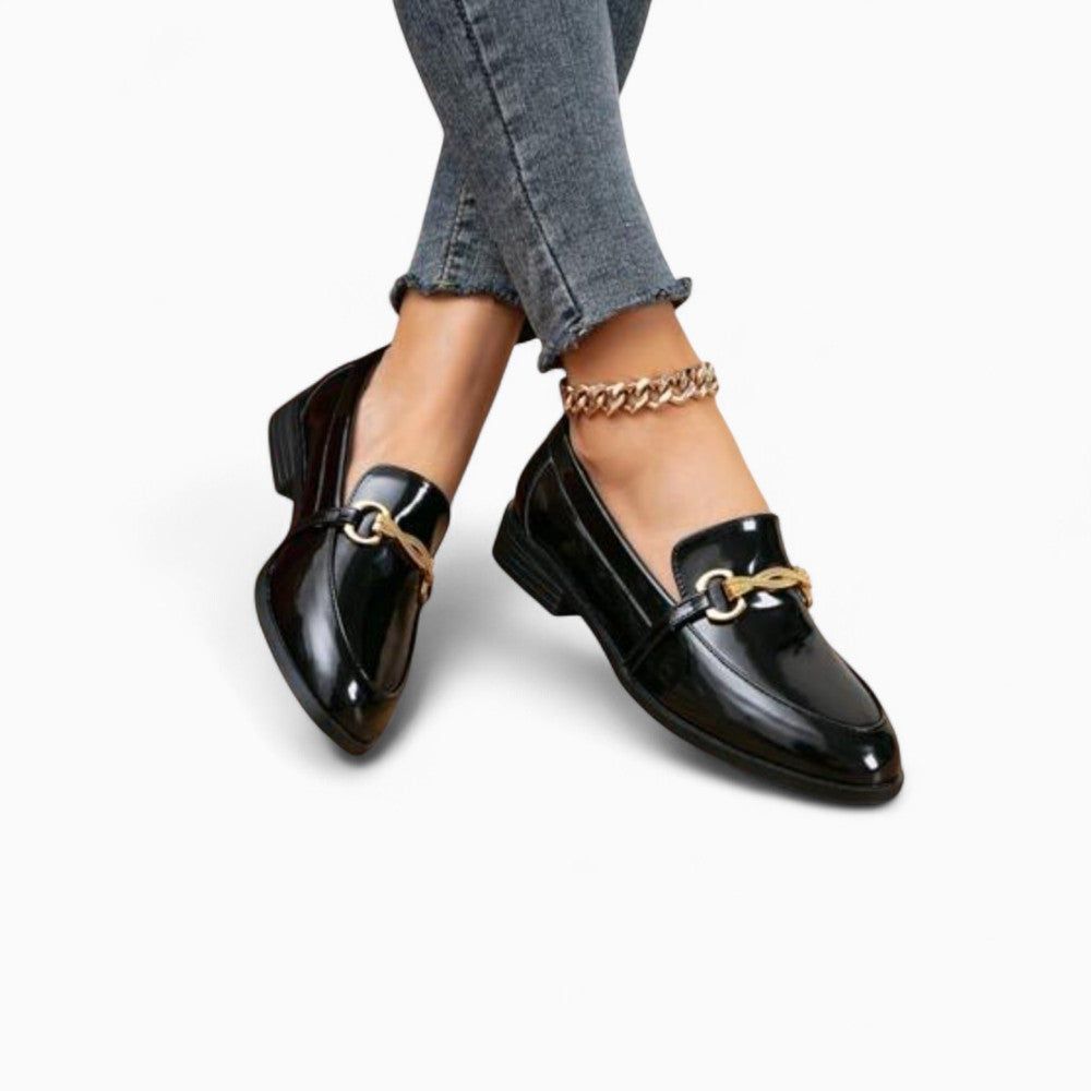 Mocassins Habillés Vernis Noir Et Velours À Mors Dorés