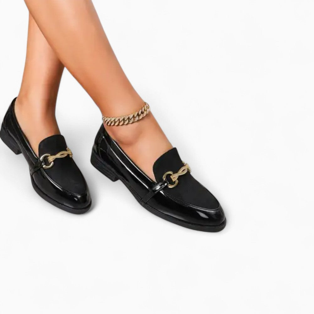 Mocassins Habillés Vernis Noir Et Velours À Mors Dorés