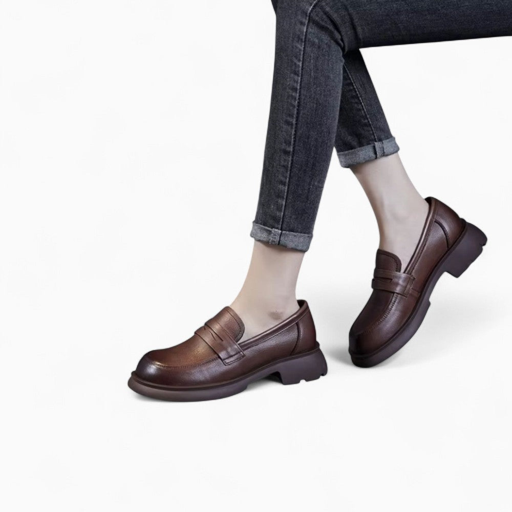 Mocassins En Cuir À Talon Et Semelle Épaisse Pour Femme