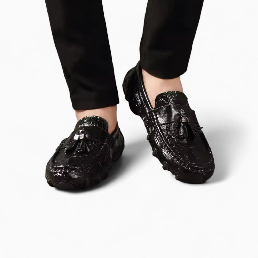 Mocassins En Cuir Vernis Noir Effet Peau De Crocodile