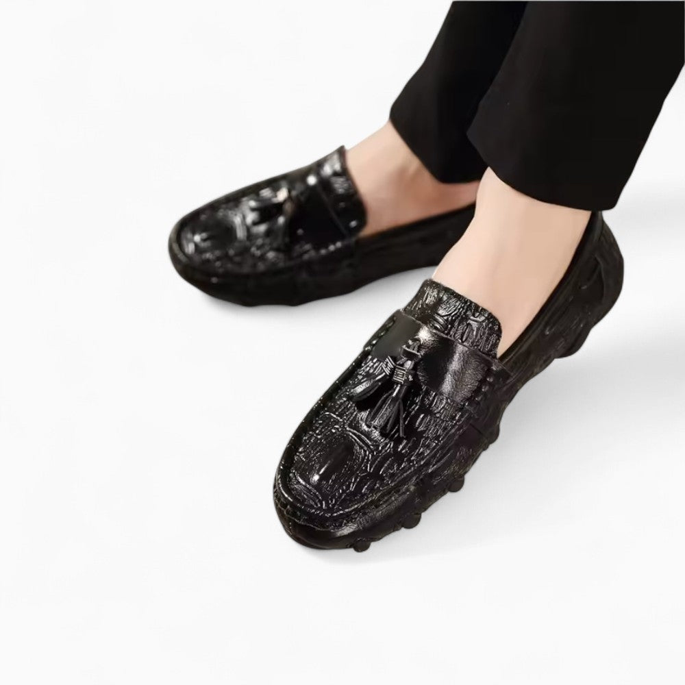 Mocassins En Cuir Vernis Noir Effet Peau De Crocodile