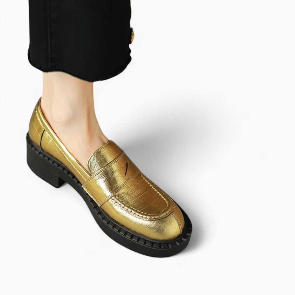 Mocassins De Soirée Dorés Vernis Et Pailletés