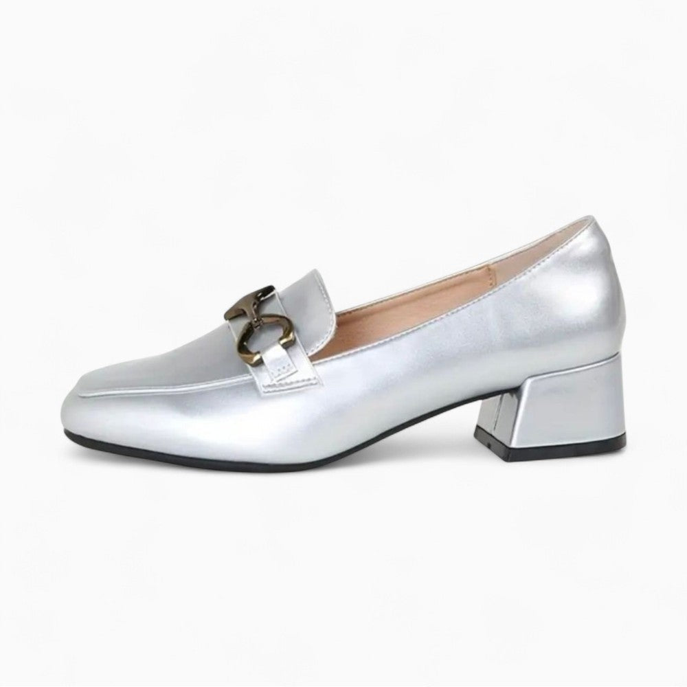 Mocassins Argentés À Talons Carrés Pour Femme