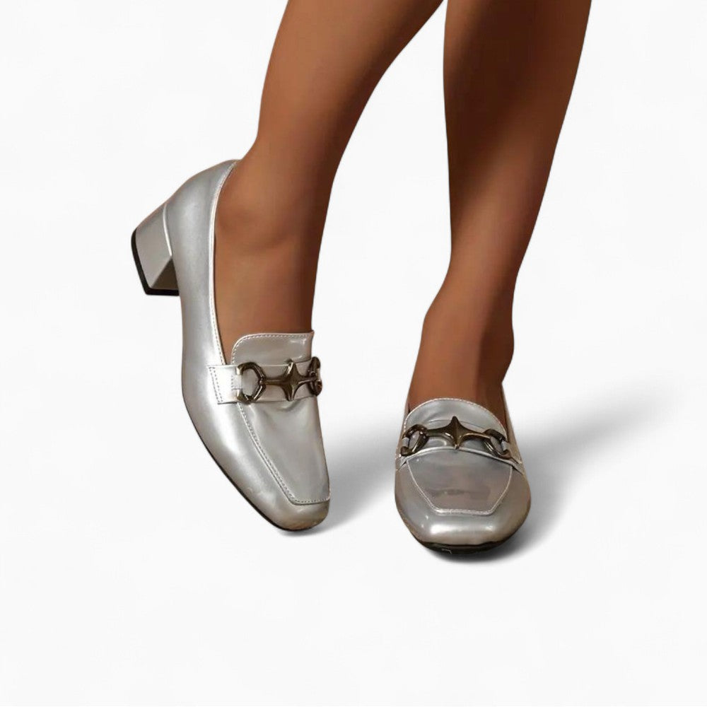 Mocassins Argentés À Talons Carrés Pour Femme