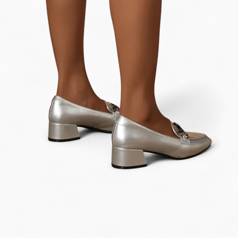 Mocassins Argentés À Talons Carrés Pour Femme