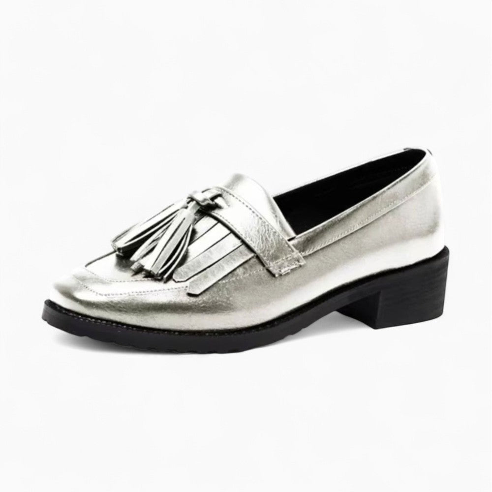 Mocassins À Gland Argentés Pour Femme En Cuir Véritable