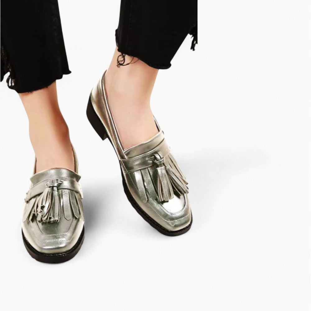 Mocassins À Gland Argentés Pour Femme En Cuir Véritable
