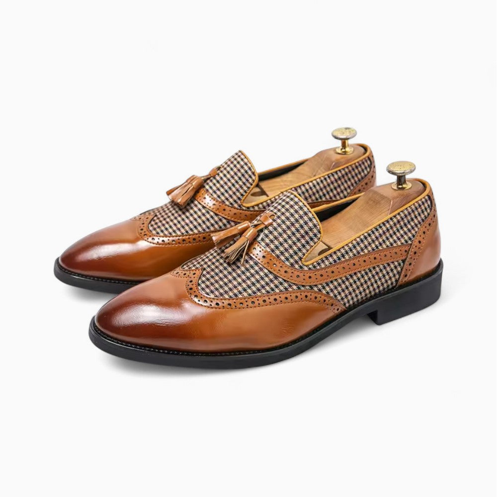 Mocassins À Gland À Carreaux Marron Et Blanc Pour Homme