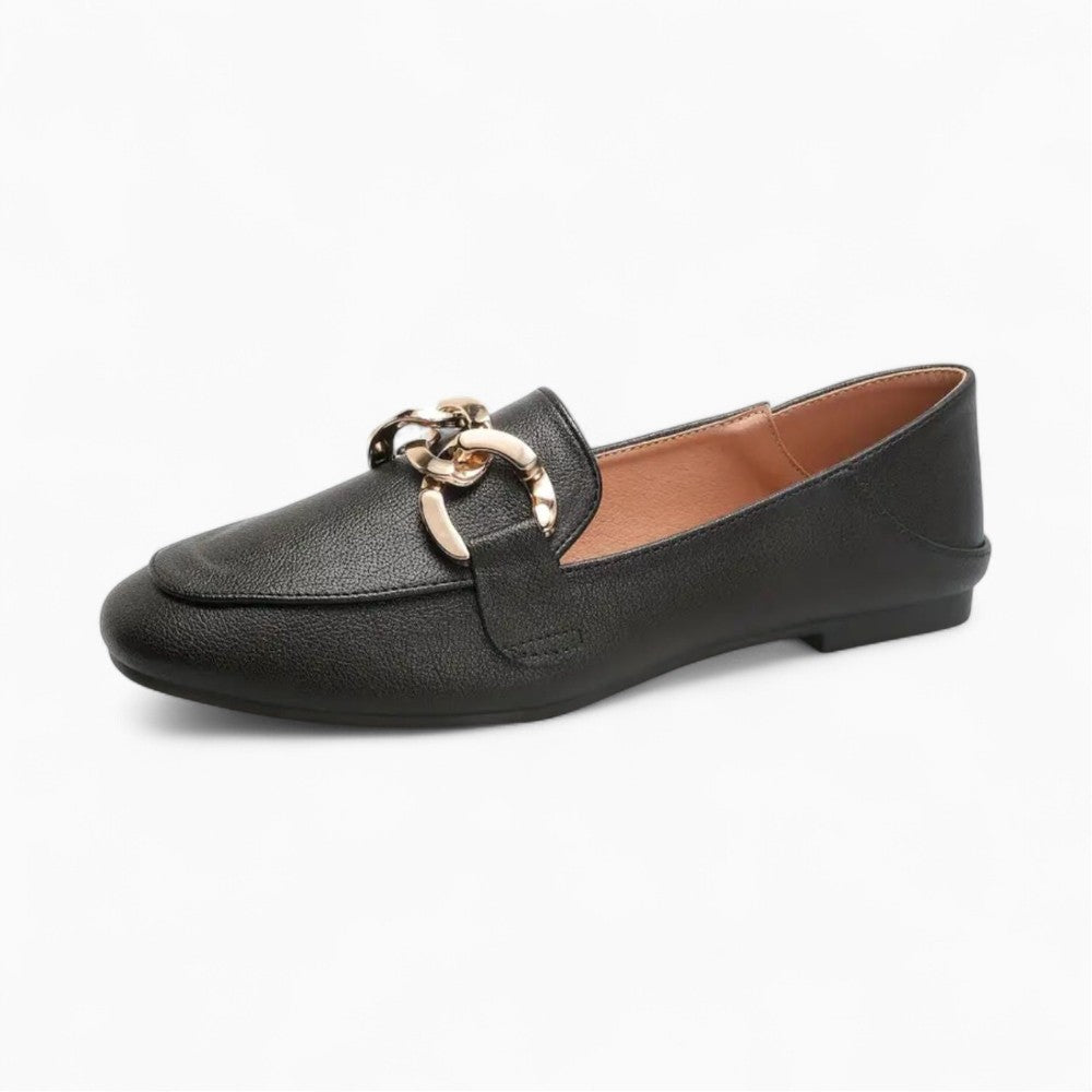 Mocassin Noir Boucle Dorée À Enfiler Et Cuir Végan