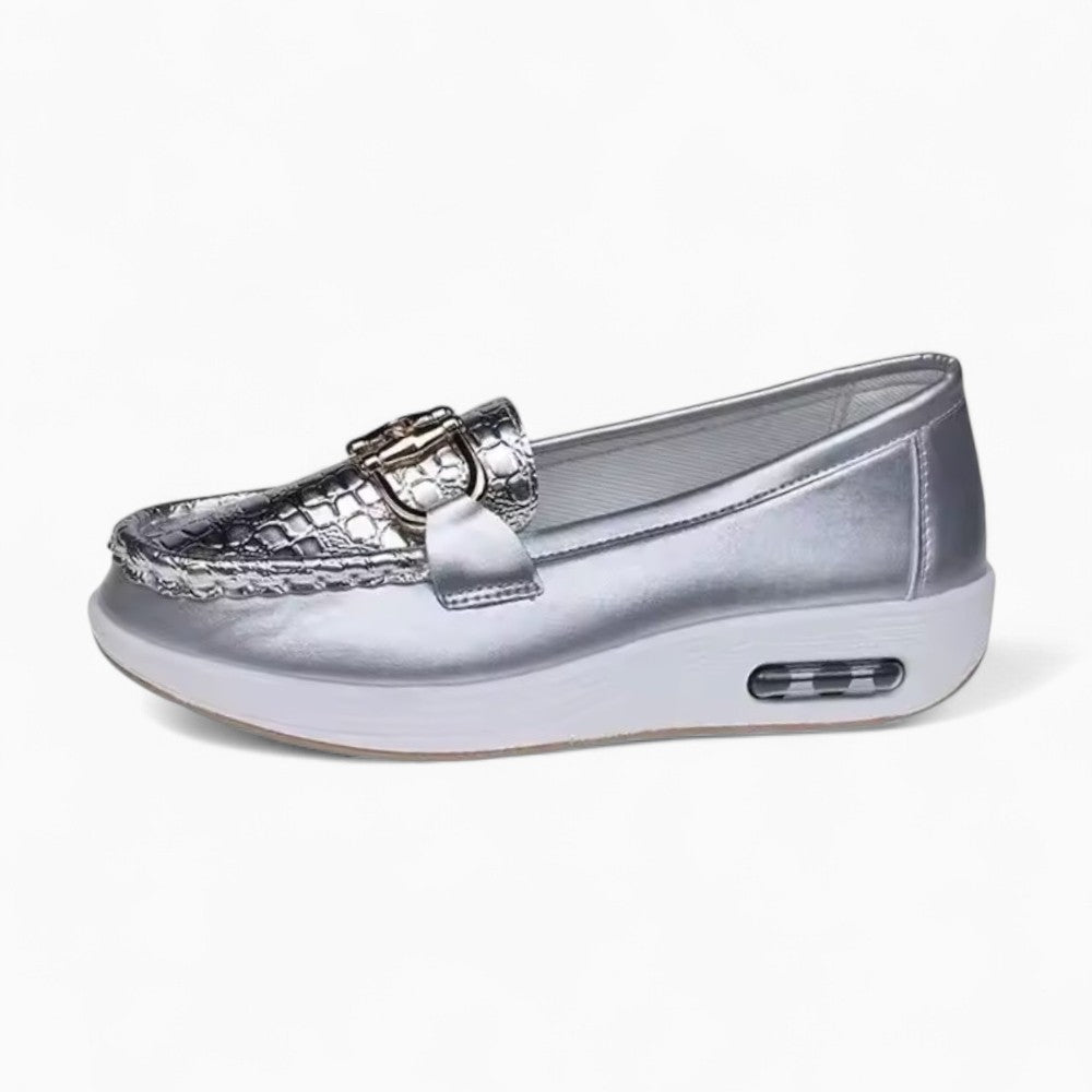 Mocassins Ouverts Compensés Effet Cuir Croco Chaîne Dorée Femme