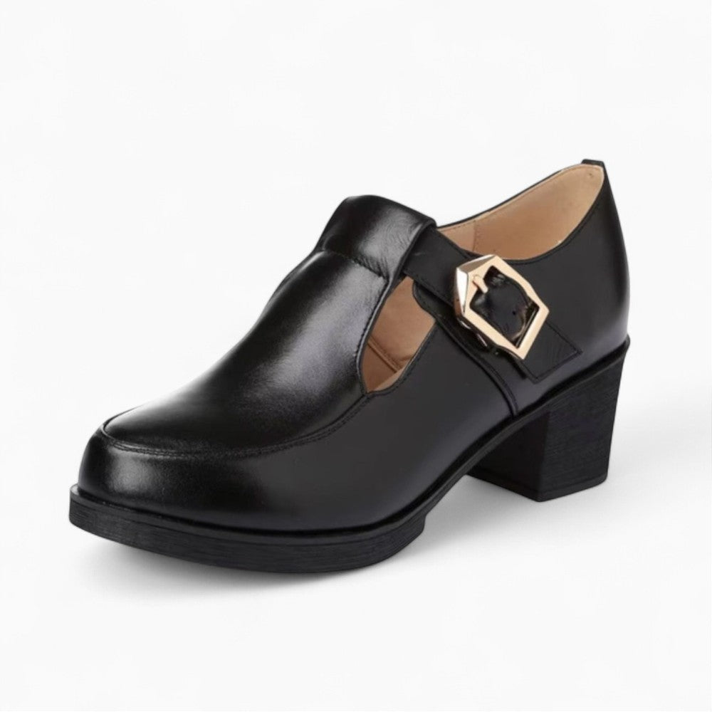 Mocassins Noirs Pour Femme En Cuir Avec Une Boucle En Métal Et Un Talon Carré