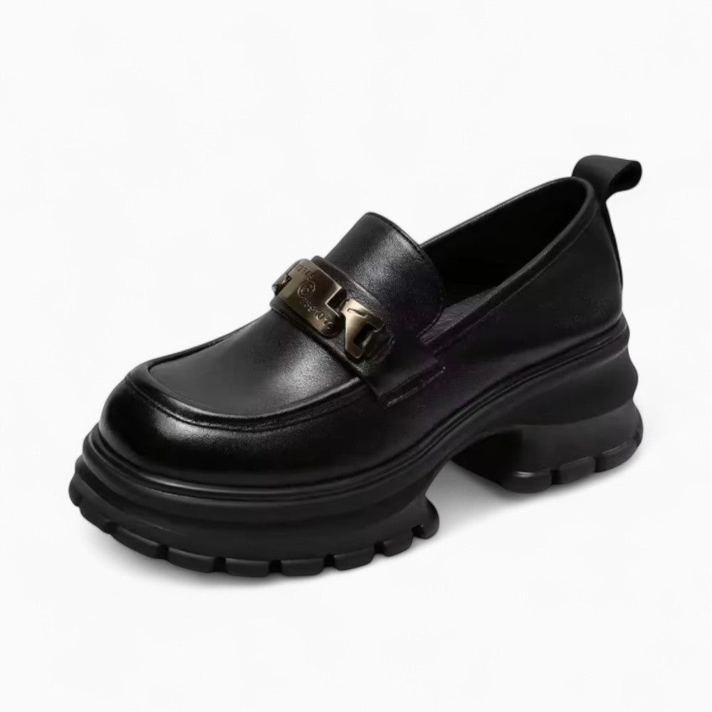 Mocassins Noirs En Cuir À Plateforme Pour Femmes