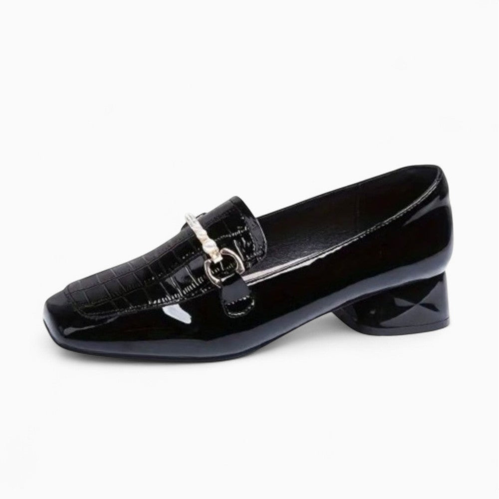 Mocassins Noirs À Talons Carrés Femme Style Preppy