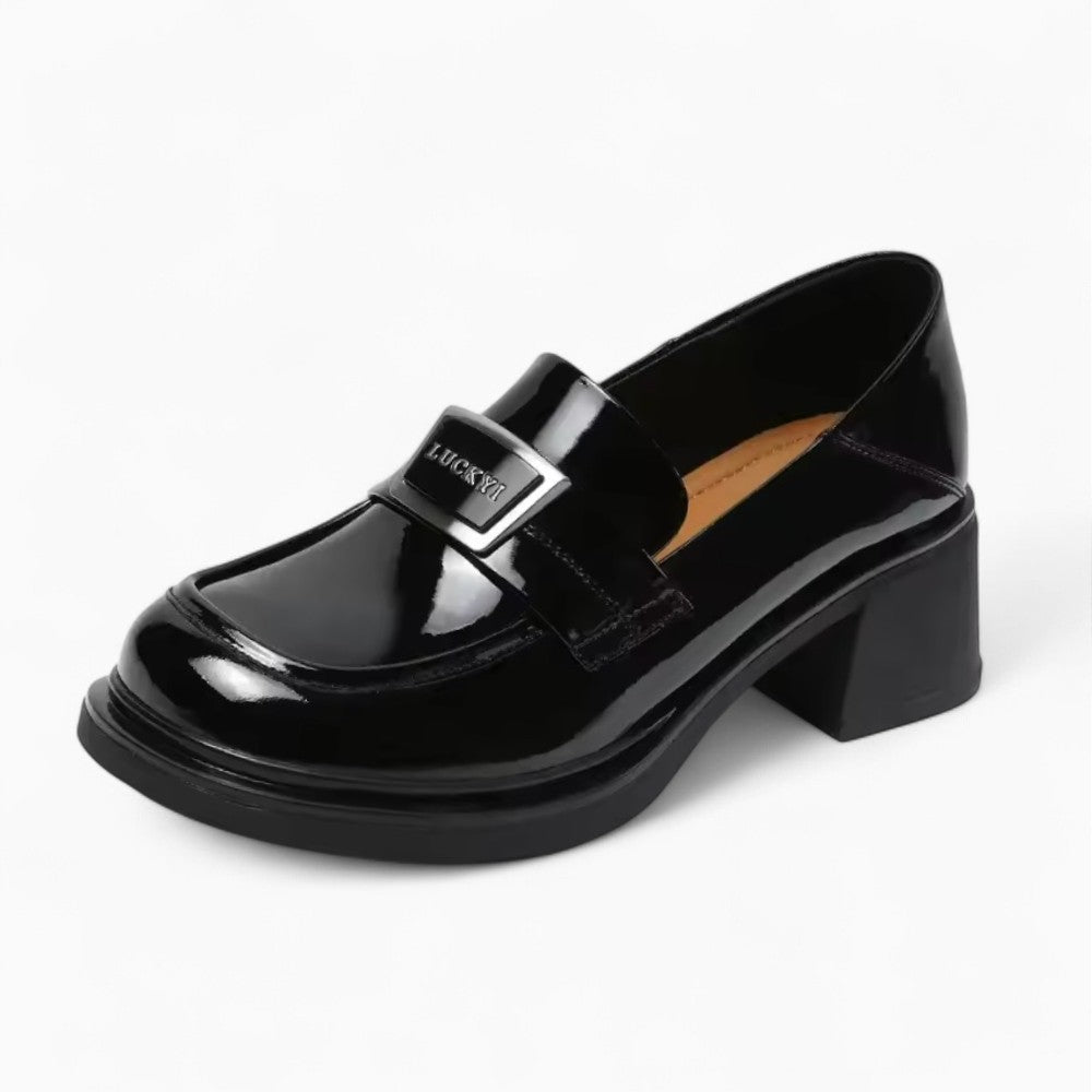 Mocassins Noirs À Talons Carrés En Cuir Véritable Pour Femme