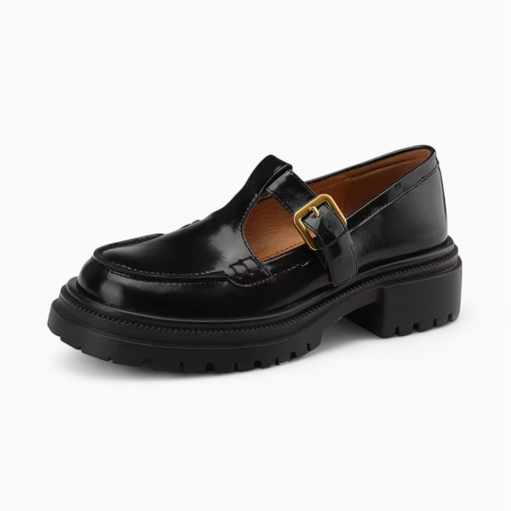 Mocassins Noirs À Talon Carré Et Semelle Épaisse Pour Femme