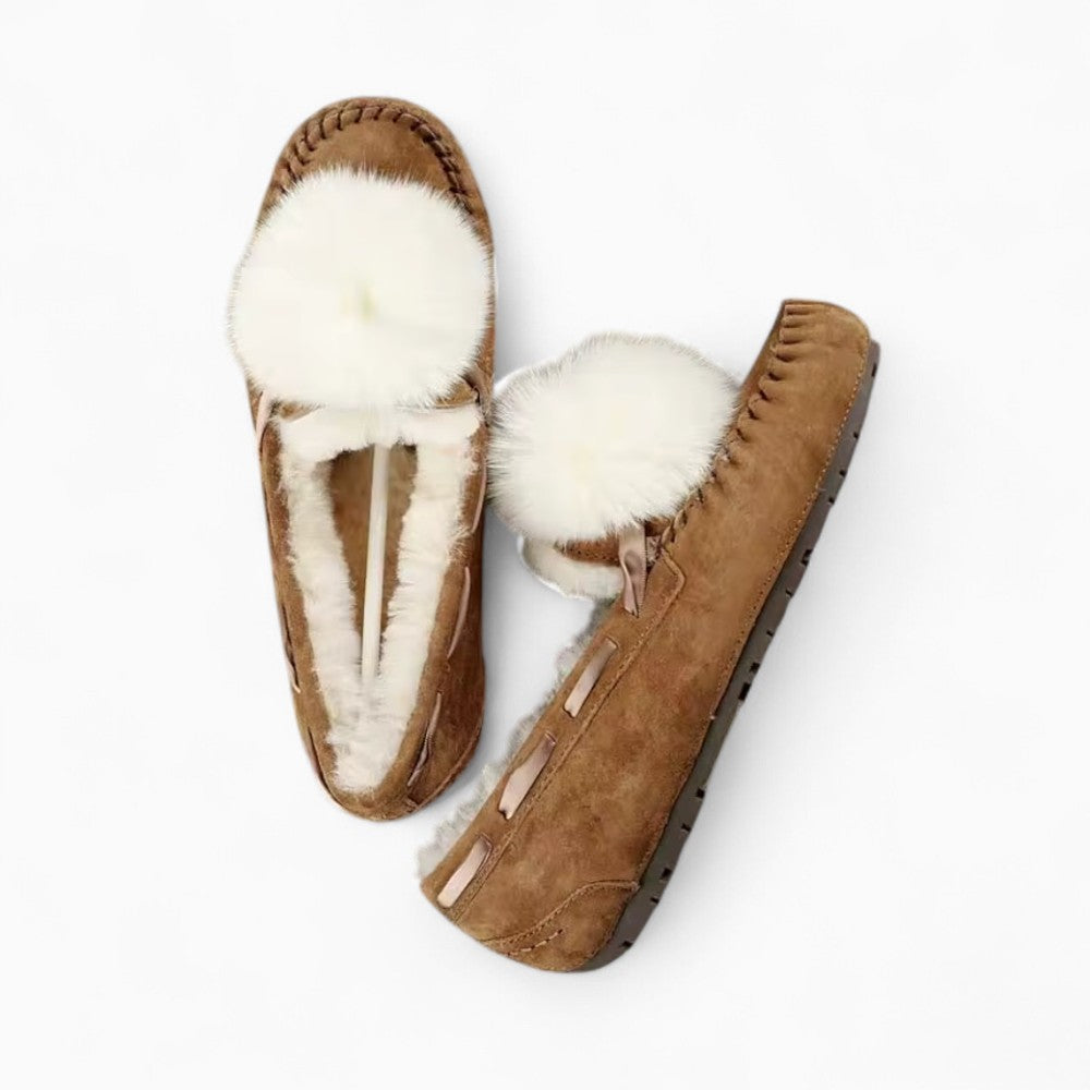 Mocassins Indiens En Daim Fourré À Pompon