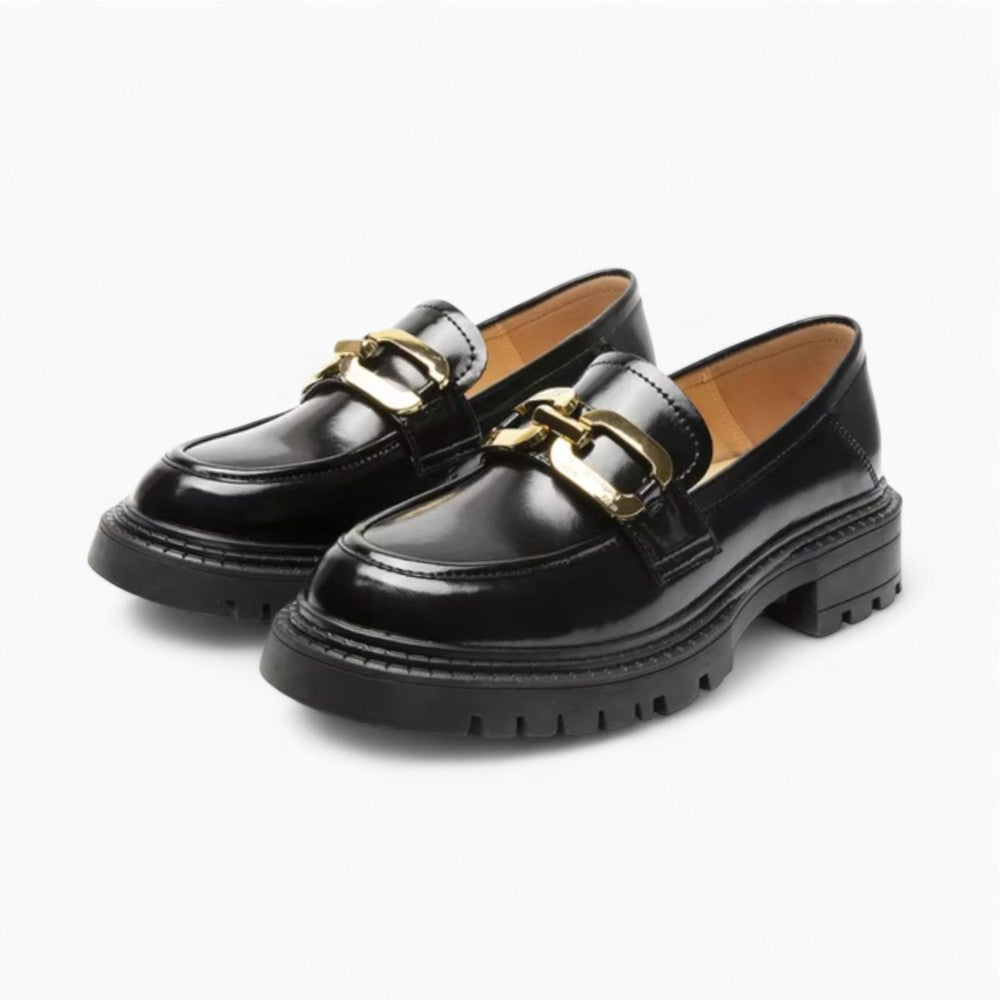 Mocassins En Cuir Verni Pour Femme Avec Chaîne Dorée Décorative