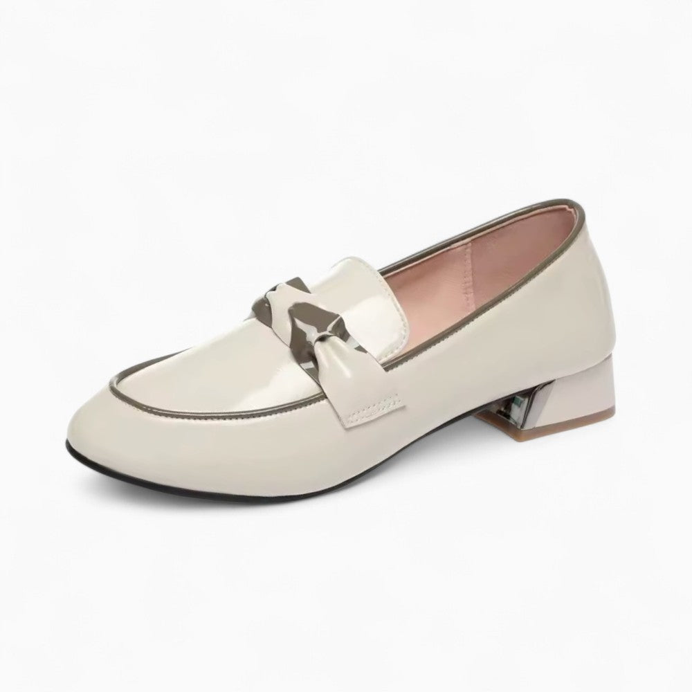 Mocassins Bicolores À Talon Carré En Cuir Véritable Pour Femme
