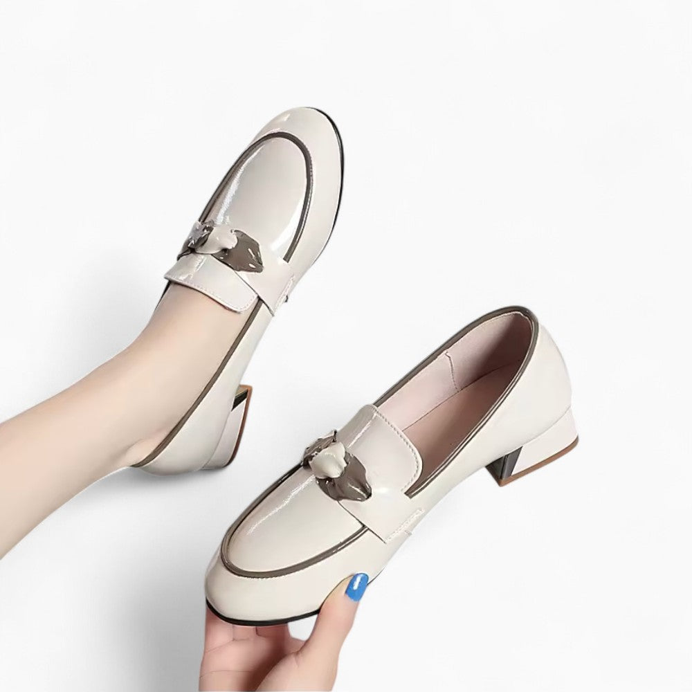 Mocassins Bicolores À Talon Carré En Cuir Véritable Pour Femme