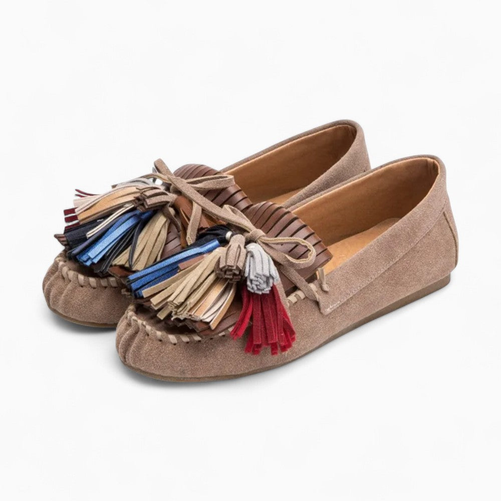 Mocassins style vintage à glands et motifs colorés en cuir pour femme