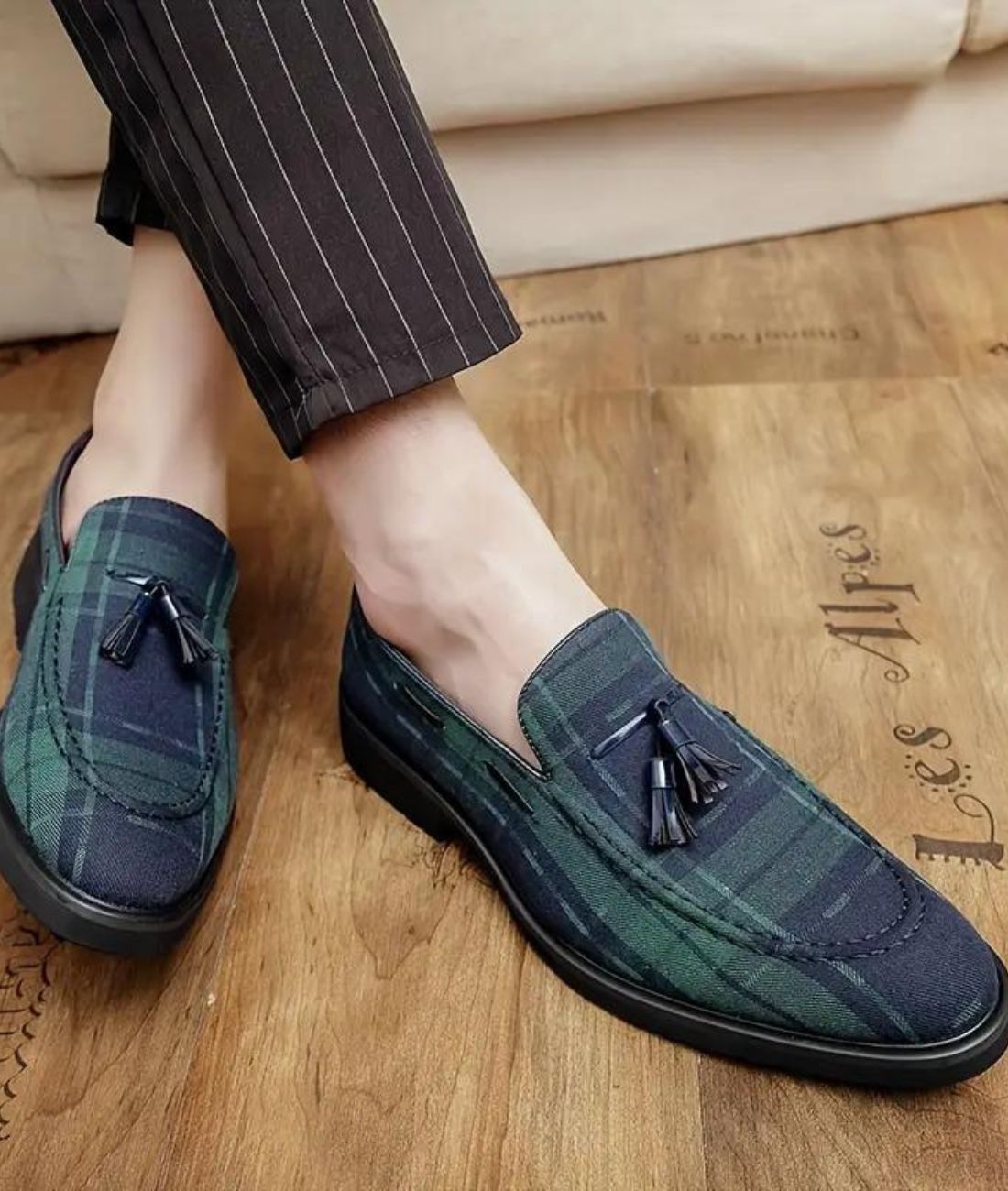 Mocassins À Gland À Carreaux Bleu Et Vert Pour Homme