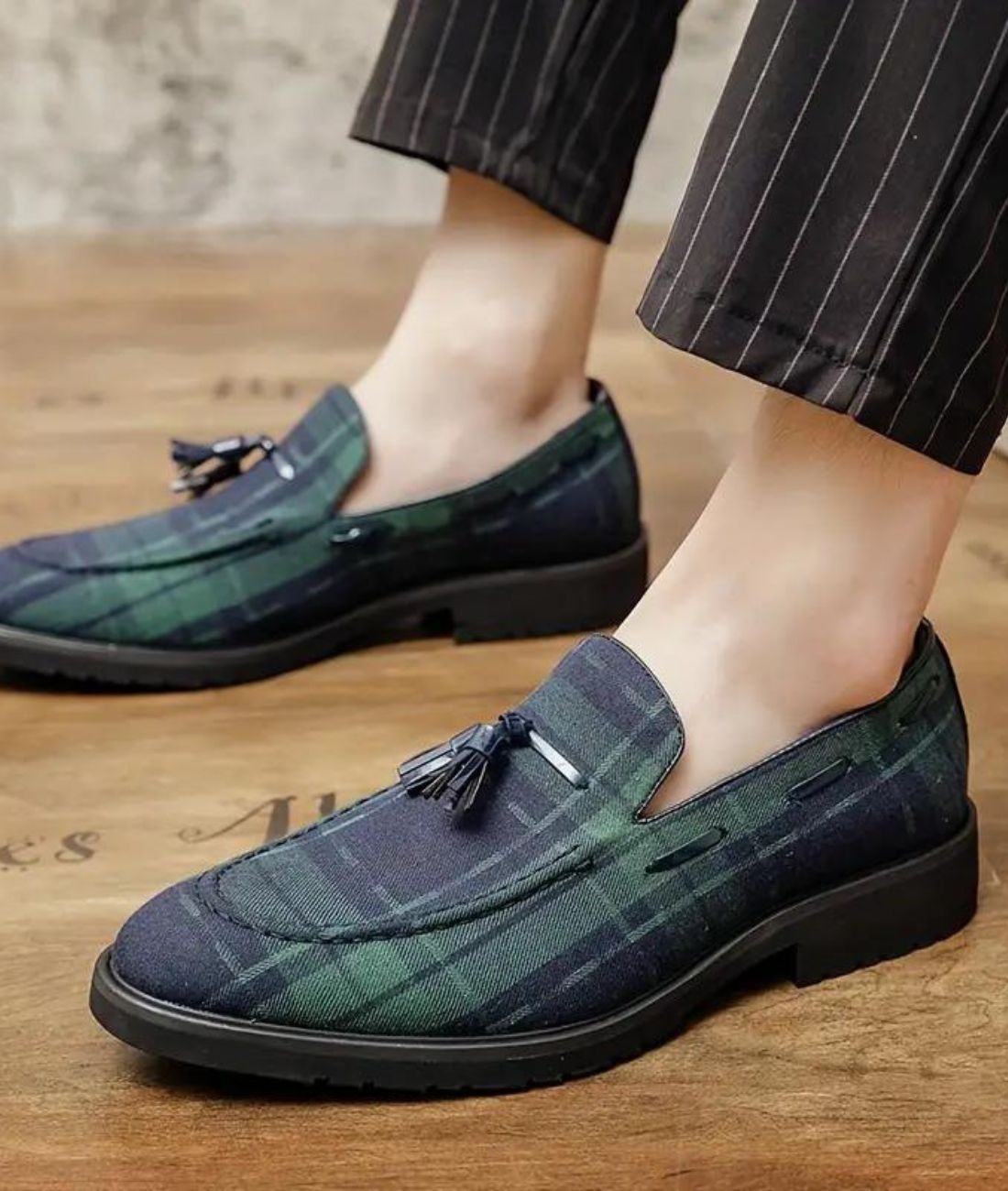 Mocassins À Gland À Carreaux Bleu Et Vert Pour Homme