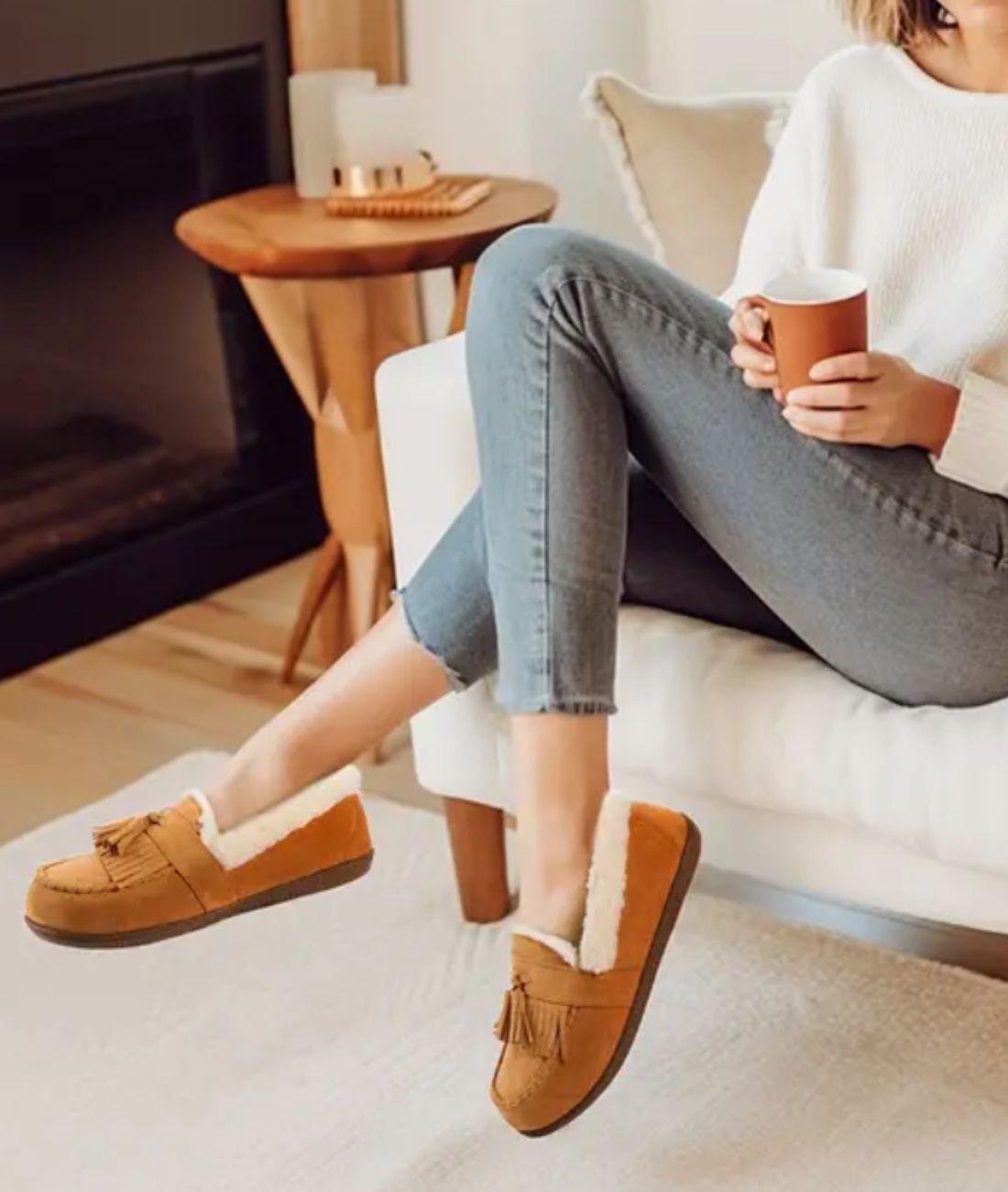 Mocassins Indiens En Daim Fourré Et Tige En Tweed