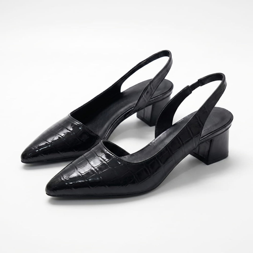 Lynna Escarpins à Bout Pointu – Talon Bloc Cuir Texturé Silhouette Bout Fermé