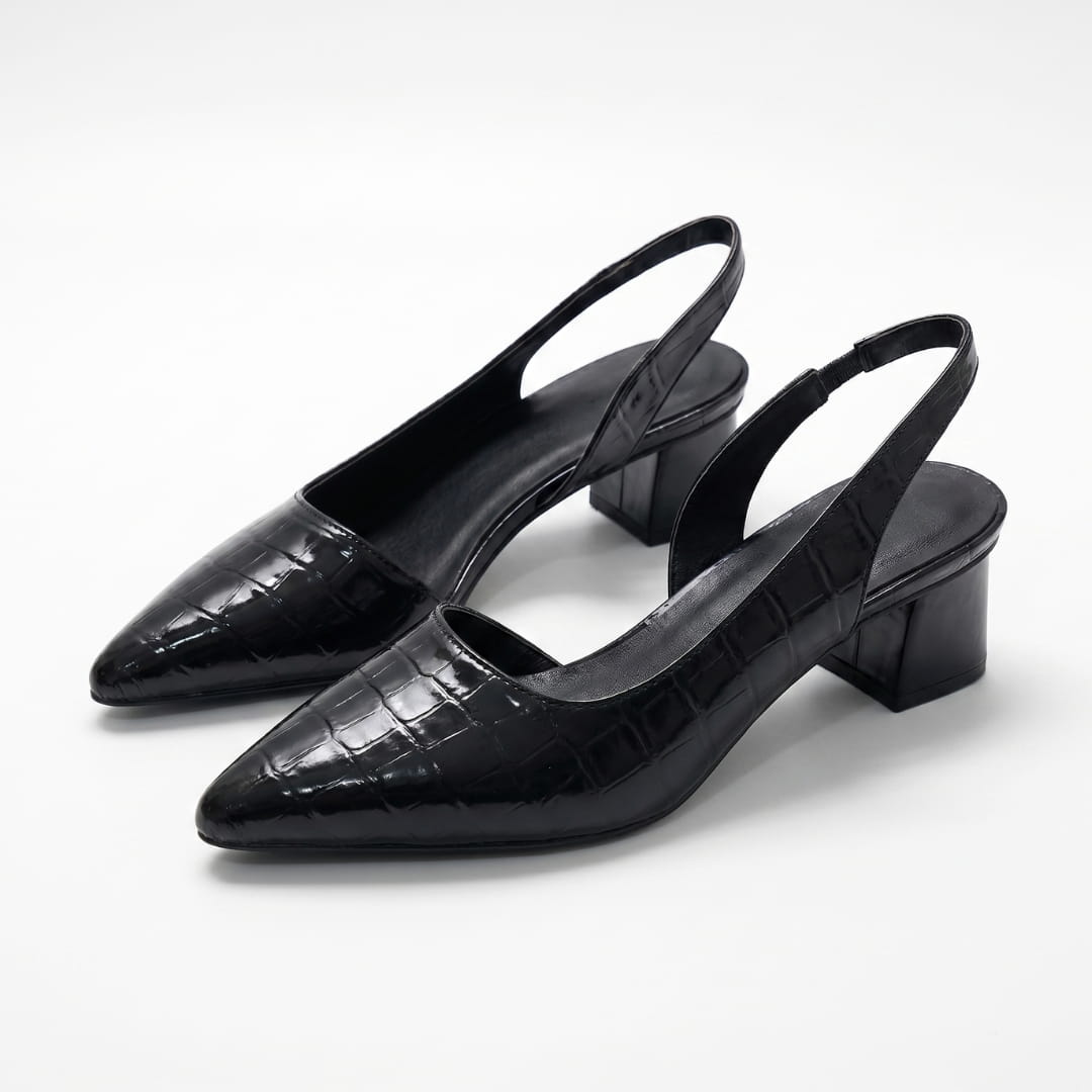 Lynna Escarpins à Bout Pointu – Talon Bloc Cuir Texturé Silhouette Bout Fermé