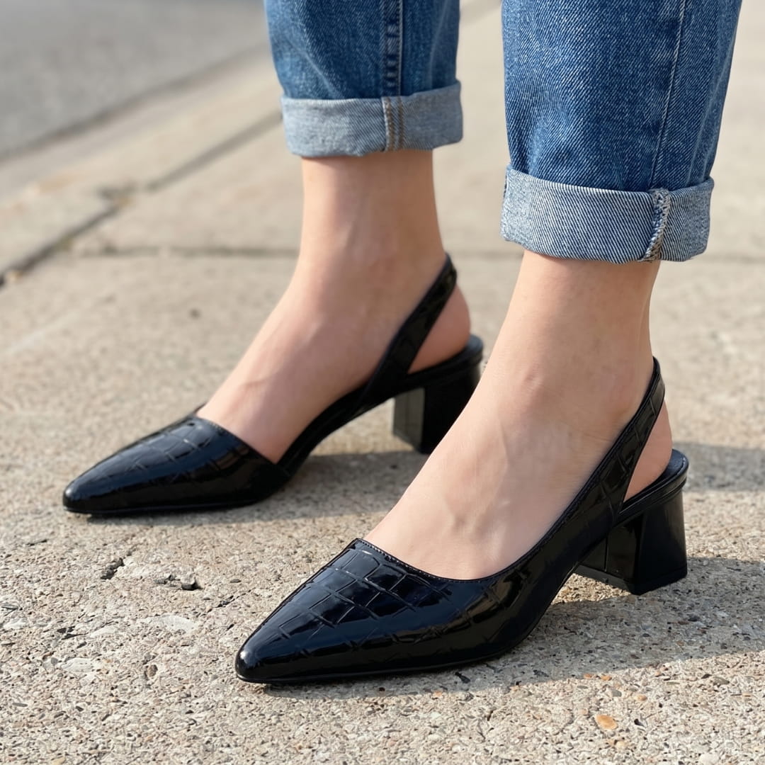 Lynna Escarpins à Bout Pointu – Talon Bloc Cuir Texturé Silhouette Bout Fermé