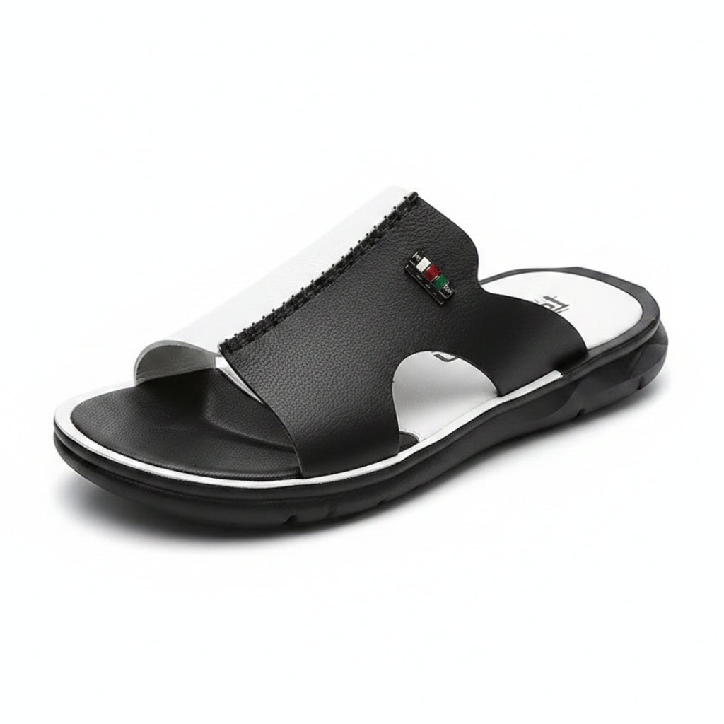 Harrow Sandales Slides en Cuir – Détail Contraste Semelle Plate Élégance Moderne