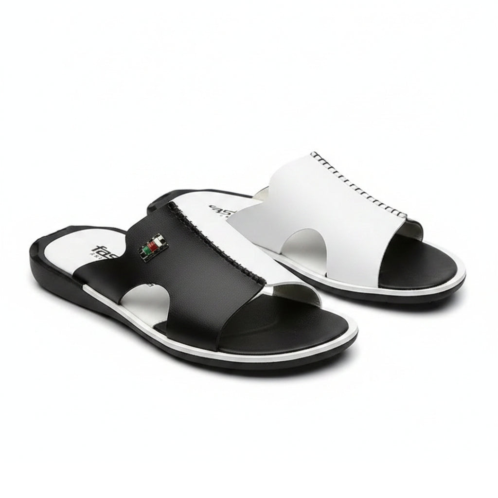 Harrow Sandales Slides en Cuir – Détail Contraste Semelle Plate Élégance Moderne