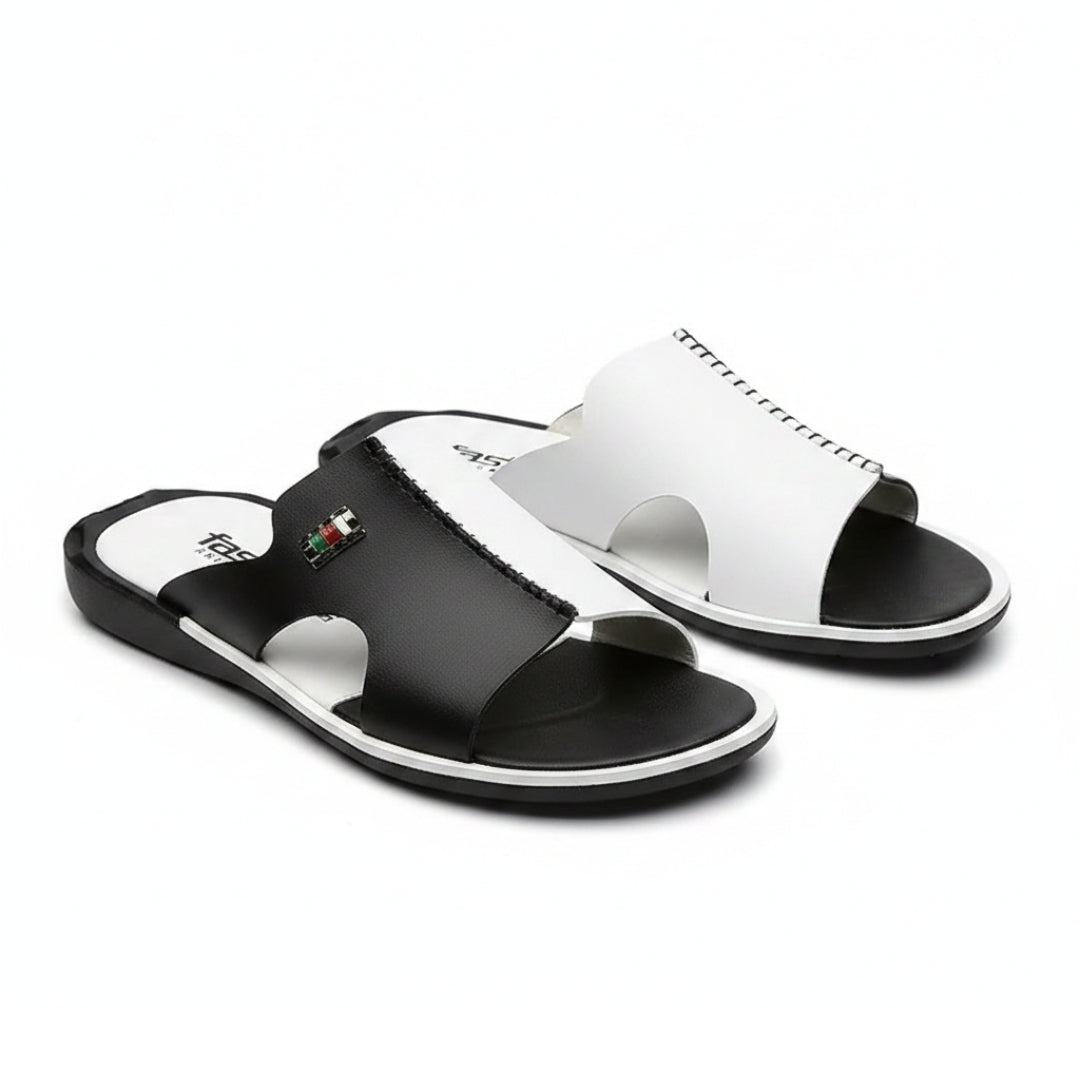 Harrow Sandales Slides en Cuir – Détail Contraste Semelle Plate Élégance Moderne