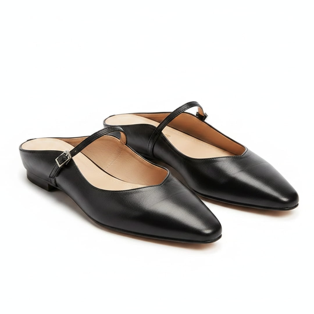 Chiara Mules Plates en Cuir – Style Mary Jane Silhouette Bout Pointu Élégance Confort