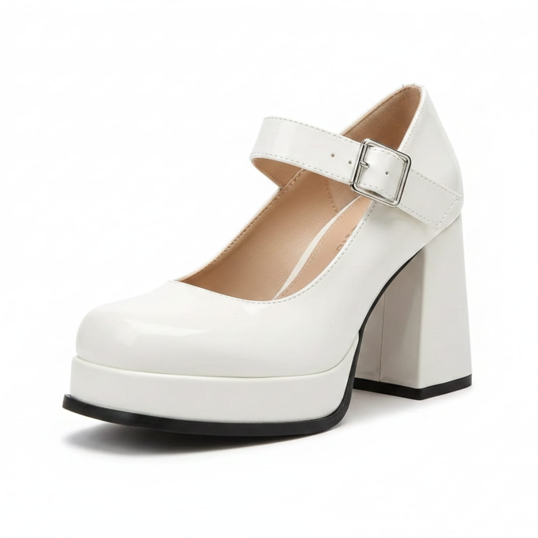 Harriet Chaussures Mary Jane en Verni – Plateforme Structurée Talon Bloc Bride à Boucle Élégance Vintage