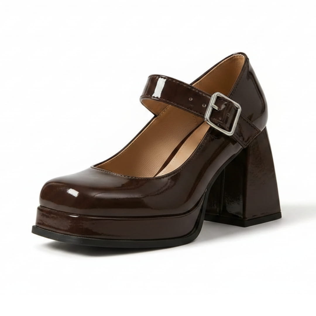 Harriet Chaussures Mary Jane en Verni – Plateforme Structurée Talon Bloc Bride à Boucle Élégance Vintage