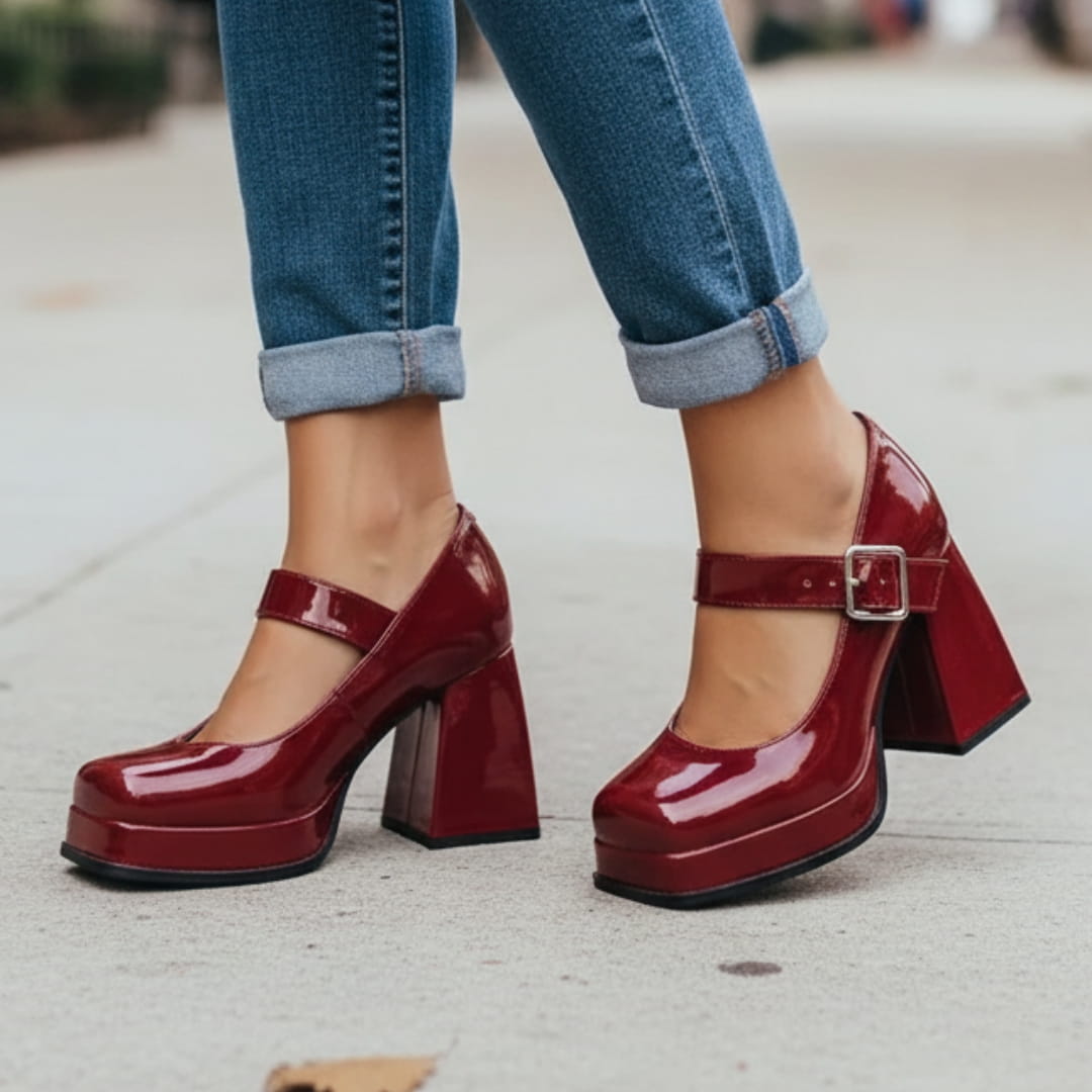 Harriet Chaussures Mary Jane en Verni – Plateforme Structurée Talon Bloc Bride à Boucle Élégance Vintage
