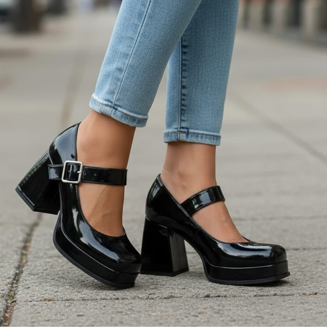 Harriet Chaussures Mary Jane en Verni – Plateforme Structurée Talon Bloc Bride à Boucle Élégance Vintage