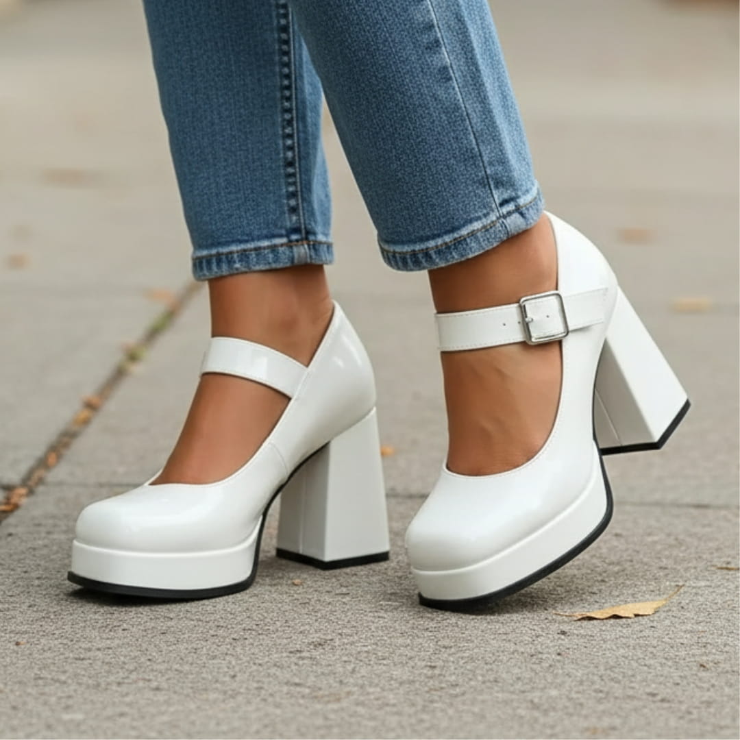 Harriet Chaussures Mary Jane en Verni – Plateforme Structurée Talon Bloc Bride à Boucle Élégance Vintage