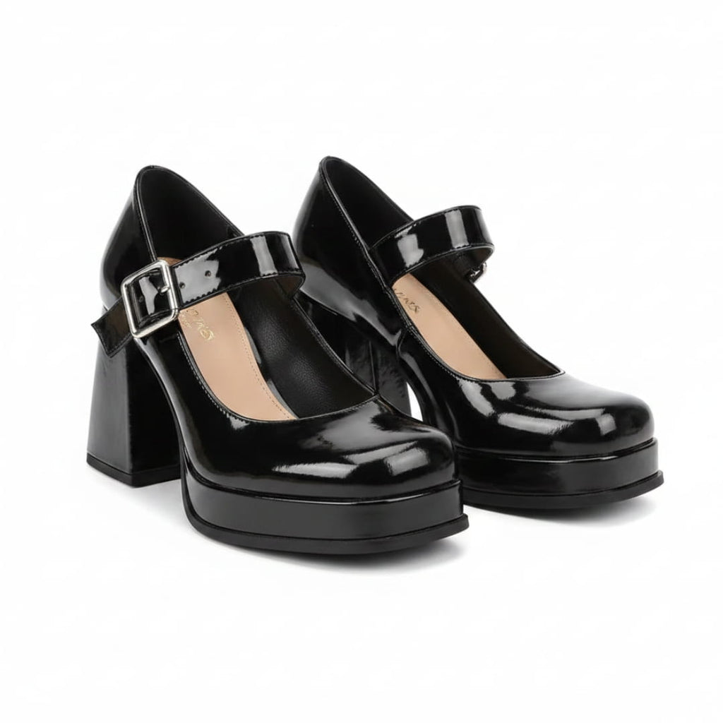 Harriet Chaussures Mary Jane en Verni – Plateforme Structurée Talon Bloc Bride à Boucle Élégance Vintage