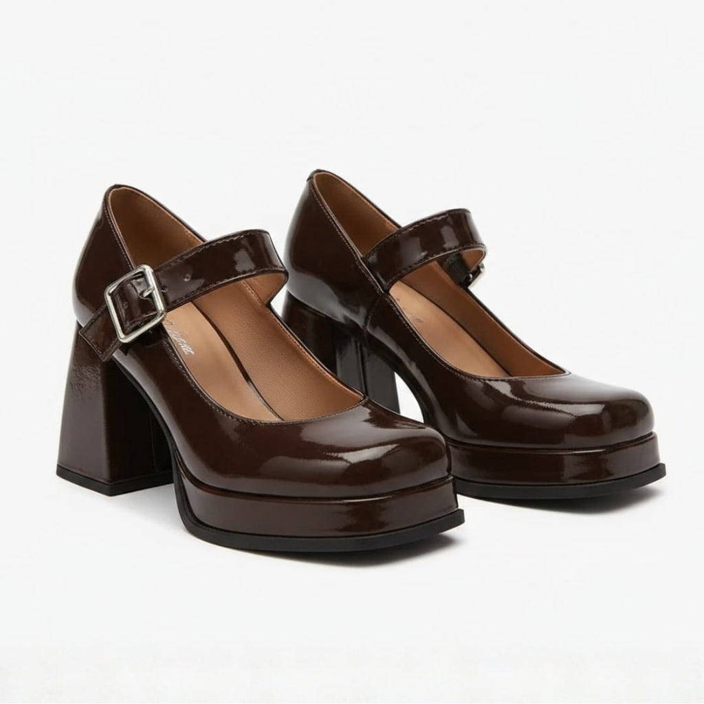 Harriet Chaussures Mary Jane en Verni – Plateforme Structurée Talon Bloc Bride à Boucle Élégance Vintage