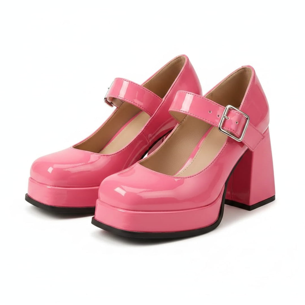 Harriet Chaussures Mary Jane en Verni – Plateforme Structurée Talon Bloc Bride à Boucle Élégance Vintage