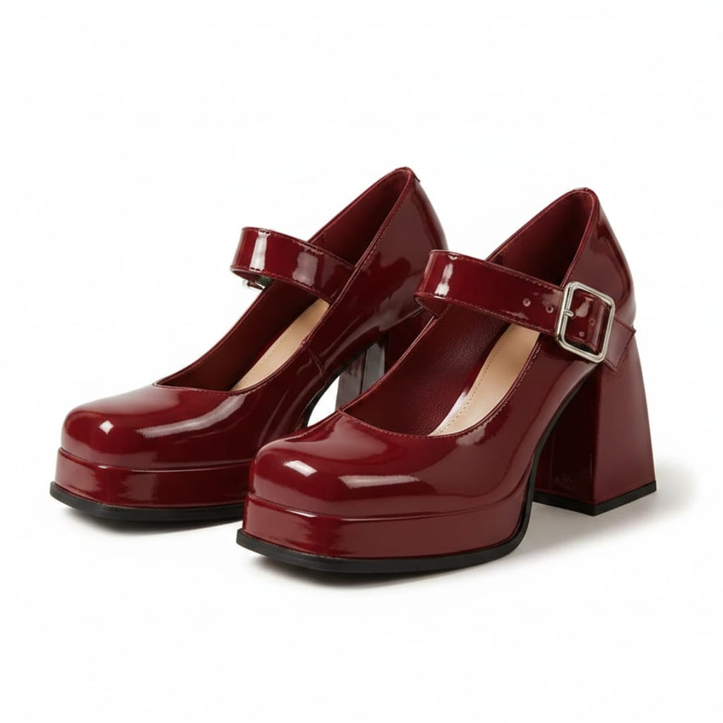 Harriet Chaussures Mary Jane en Verni – Plateforme Structurée Talon Bloc Bride à Boucle Élégance Vintage