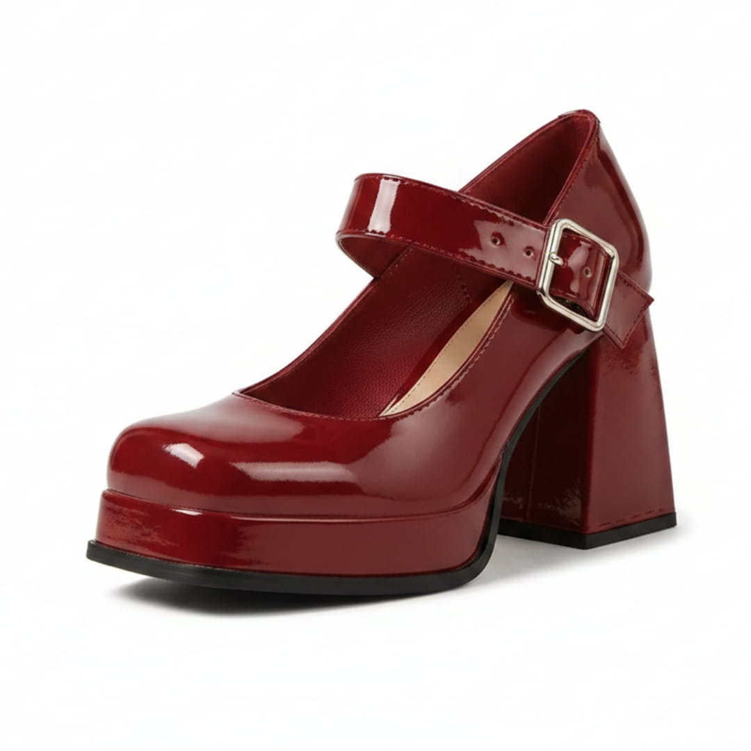 Harriet Chaussures Mary Jane en Verni – Plateforme Structurée Talon Bloc Bride à Boucle Élégance Vintage